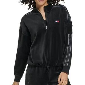 Tommy Hilfiger Sport Womens Black Velour Sweatshirt 1/4 Zip Pullover Large NWT